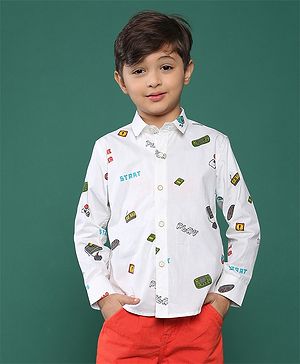 Tales & Stories Cotton Woven Full Sleeves Game Theme Shirt - White