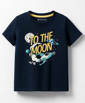 Kookie Kids Single Jersey Knit Half Sleeves Round Neck T-Shirt with To The Moon Graphic Text Print - Navy Blue
