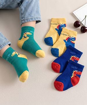 Cute Walk by Babyhug Knit Ankle Length Antibacterial Socks With Dino Print Pack Of 3 - Navy Blue & Yellow
