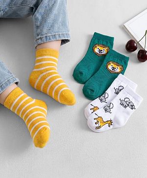 Cute Walk by Babyhug Knit Ankle Length Antibacterial Socks With Animal Print Pack Of 3 - Green & Yellow