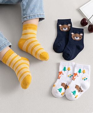 Cute Walk by Babyhug Knit Ankle Length Antibacterial Socks With Stripes & Animal Print Pack Of 3 - Yellow & White