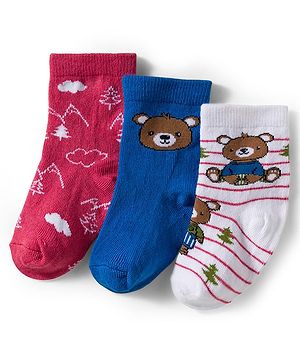 Cute Walk by Babyhug Knit Ankle Length Anti Bacterial Socks With Animal Design Pack Of 3 - White Blue & Dark Pink