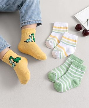 Cute Walk by Babyhug Knit Ankle Length Antibacterial Socks With Dino Design Pack Of 3 - Light Green White & Yellow