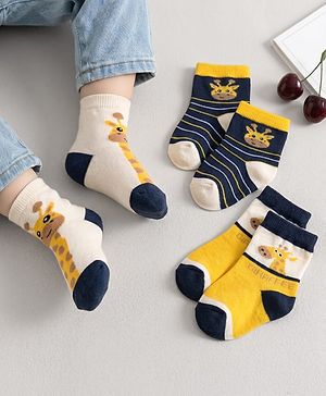Cute Walk by Babyhug Knit Ankle Length Antibacterial Socks With Animal Design Pack Of 3 - Yellow