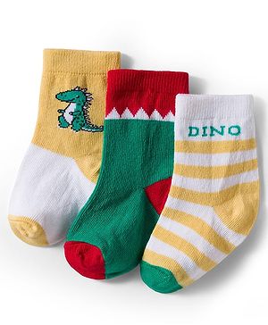 Cute Walk by Babyhug Knit Ankle Length Antibacterial Socks With Stripes & Animal Print Pack Of 3 - Yellow & White