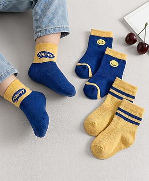Cute Walk by Babyhug Knit Ankle Length Antibacterial Socks With Stripes & Smiley Print Pack Of 3 - Blue & Yellow