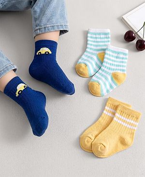 Cute Walk by Babyhug Knit Ankle Length Antibacterial Socks With Stripe & Vehicle Design Pack Of 3 - Navy Blue Light Blue & Yellow