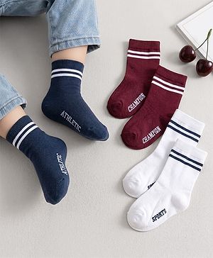 Cute Walk by Babyhug Knit Ankle Length Antibacterial Socks With Stripe Design Pack Of 3 - Navy Blue White & Maroon