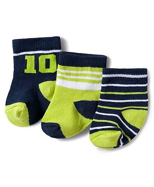 Cute Walk by Babyhug Knit Ankle Length Antibacterial Socks With Stripes & Number Design Pack Of 3 - Black & Neon Green