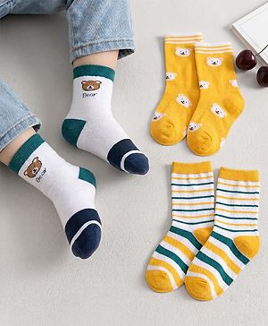 Cute Walk by Babyhug Knit Ankle Length Antibacterial Socks With Stripes & Bear Design Pack Of 3 - Yellow & White