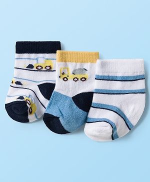 Cute Walk by Babyhug Knit Ankle Length Antibacterial Socks With Vehicle & Stripes Design Pack Of 3 - White & Blue