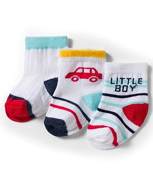Cute Walk by Babyhug Knit Ankle Length Antibacterial Socks With Vehicle & Stripes Design Pack Of 3 - White