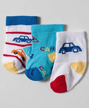Cute Walk by Babyhug Knit Ankle Length Socks With Vehicle Design Pack Of 3 - White & Blue