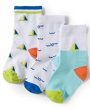 Cute Walk by Babyhug Knit Ankle Length Antibacterial Socks With Sealife Print Pack Of 3 - White & Blue