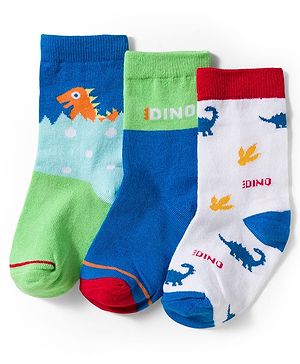 Cute Walk by Babyhug Knit Ankle Length Antibacterial Socks With Dino Print Pack Of 3 - White Blue & Green