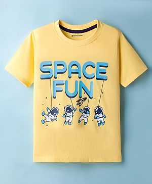 Kookie Kids Single Jersey Knit Half Sleeves T-Shirt with Space Theme Graphic - Yellow