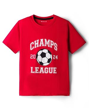 Kookie Kids Single Jersey Knit Half Sleeves T-Shirt with Sport Theme Graphic - Red