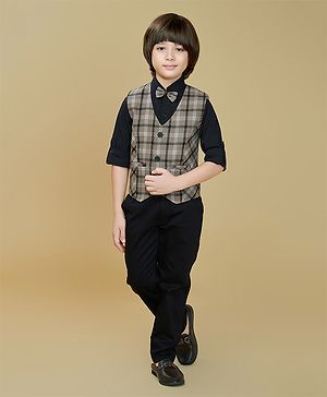 Ministitch Cotton Woven Full Sleeves Tartan Checked 3 Piece Party Suit Set With Bow - Brown