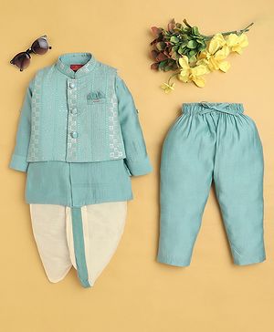 Jeet Ethnics Cotton Blend Knit Full Sleeves Solid Kurta Dhoti With Pyjama & Sequin Embellished Jacket Set  - Turquoise