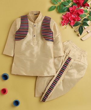 Jeet Ethnics Cotton Blend Knit  Full Sleeves Solid Kurta Dhoti Set With Striped Jacket - Cream
