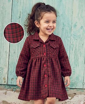 Babyhug Cotton Knit Full Sleeves Checkered Winter Frock - Wine