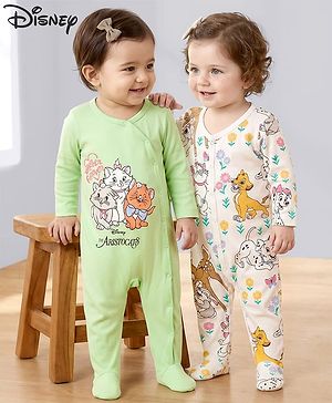 Babyhug Disney Interlock Knit Footed Sleepsuit with Disney Character Graphic Pack of 2 - Light Green & White