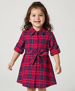 Babyhug Cotton Woven Full Sleeves Shirt Dress & Belt with Checks Print - Red