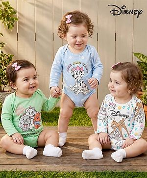 Babyhug Disney Interlock Knit Full Sleeves Onesie with Disney Character Graphic Pack of 3 - Light Blue  White & Light Green