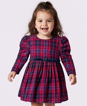 Babyhug Cotton Woven Full Sleeves Winter Frock With Checks & Belt - Purple