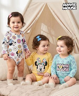 Babyhug Disney Interlock Knit Full Sleeves Onesies with Minnie Mouse Graphic Pack of 3 - Yellow Light Blue & White