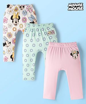 Babyhug Disney Interlock Knit Full Length Diaper Leggings With Minnie Mouse Graphics Pack Of 3 - Pink Light Blue & White
