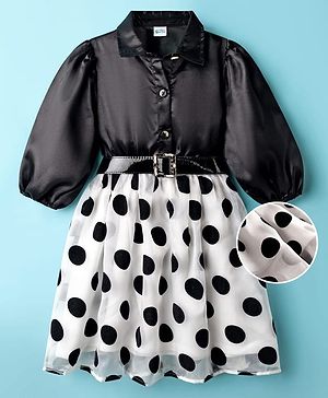 Hola Bonita Woven Half Sleeves Polka Printed Party Dress With Belt - Black