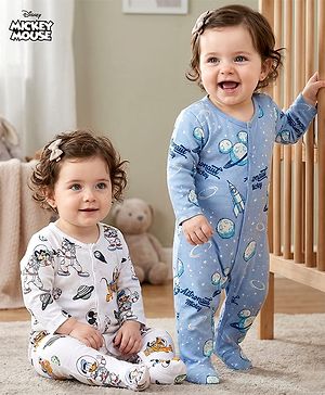 Babyhug Disney Interlock Knit Full Sleeves Sleepsuits With Space Theme Print Pack of 2 - White & Blue