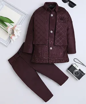 Fourfolds Woven Full Sleeves  Sequin Embellished & Floral Embroidered Sherwani & Trouser Set With Jacket -    Wine