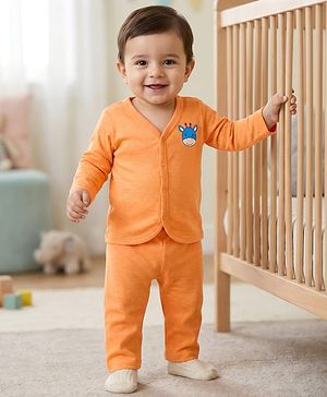 Babyhug Single Jersey Knit Full Sleeves T-Shirt & Lounge Pant Set with Giraffe Print - Orange