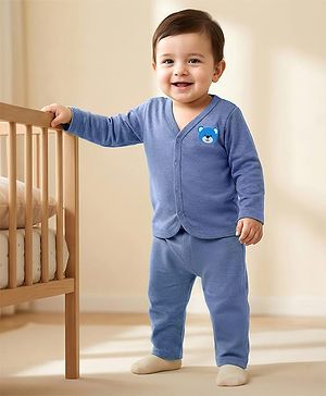 Babyhug Single Jersey Knit Full Sleeves T-Shirt & Lounge Pant Set with Bear Graphic - Blue