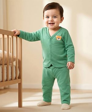 Babyhug Single Jersey Knit Full Sleeves T-Shirt & Lounge Pant Set with Bear Graphic - Green
