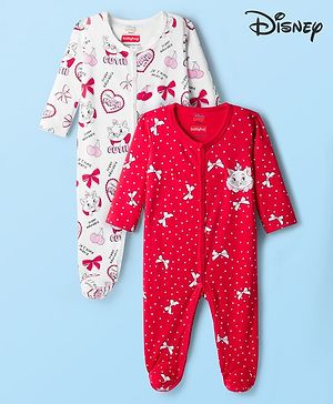 Babyhug Disney Interlock Knit Full Sleeves Footed Sleepsuit With Marie Graphics Pack Of 2 - Red & White