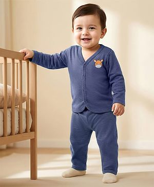 Babyhug Single Jersey Knit Full Sleeves T-Shirt & Lounge Pant Set with Giraffe Graphic - Navy Blue