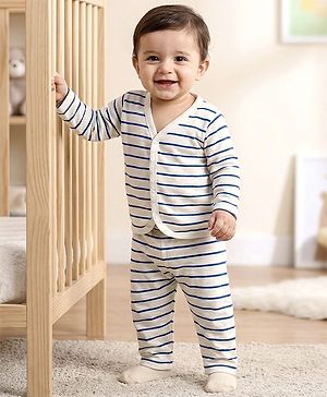 Babyhug Single Jersey Knit Full Sleeves Co-ords T-Shirt & Lounge Pant Set with Stripes - White