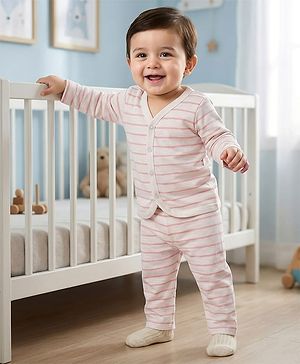 Babyhug Single Jersey Knit Full Sleeves Co-ords T-Shirt & Lounge Pant Set with Stripes - White