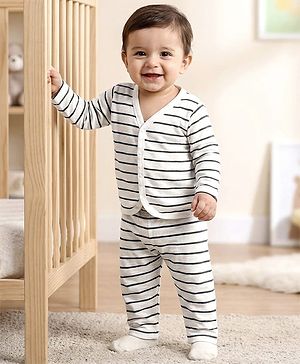 Babyhug Single Jersey Knit Full Sleeves Co-ords T-Shirt & Lounge Pant Set with Stripes - White
