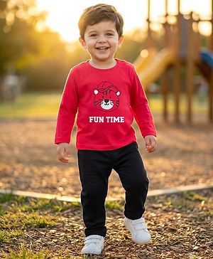 Babyhug Single Jersey Knit Full Sleeves T-Shirt & Lounge Pant Set with Tiger Print - Red & Black