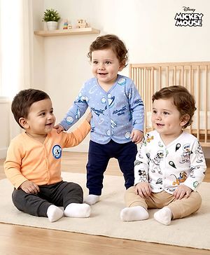 Babyhug Disney Interlock Knit Full Sleeves Jhablas with Mickey Mouse Graphics Pack of 3 - White Orange & Blue