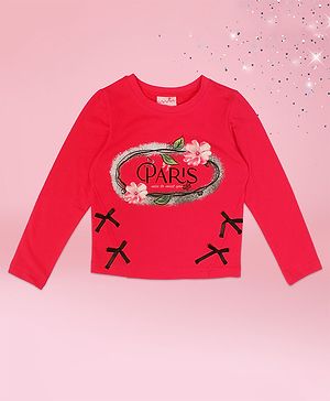 Cutecumber Embosis Hosiery  Knit Full Sleeves Paris Nice To Meet You Text Printed Top - Fuchsia