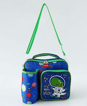 Babyhug Dino Kids Lunch Bag with Bottle Pouch and Front Pocket - Blue+Green| Adjustable Shoulder Strap| Lunch Carry Bag for School & Travel for Boys & Girls