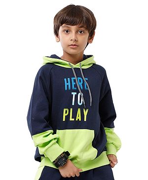 Under Fourteen Only Full Sleeves Here To Play Text Printed Light Winter Hoodie - Navy Blue