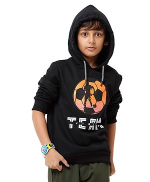 Under Fourteen Only Full Sleeves Football Printed Hooded Light Winter Sweatshirt - Black