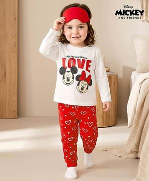 Babyhug Disney Single Jersey Knit Full Sleeves Pyjama Set with Minnie Mouse Graphic - White & Red