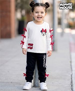 Babyhug Disney Terry Knit Full Sleeves T-Shirt and Track Pant Set with Minnie Mouse Graphic & Bow Detailing - White & Black